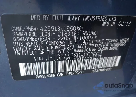 2013 Subaru Impreza 2.0I z USA, uszkodzony, nr VIN JF1GPAA66DH853664